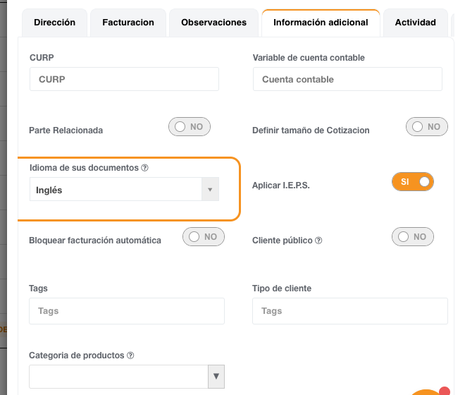 Pesta&ntilde;a Informaci&oacute;n adicional de la ficha del cliente, con el campo Idioma de sus documentos resaltado