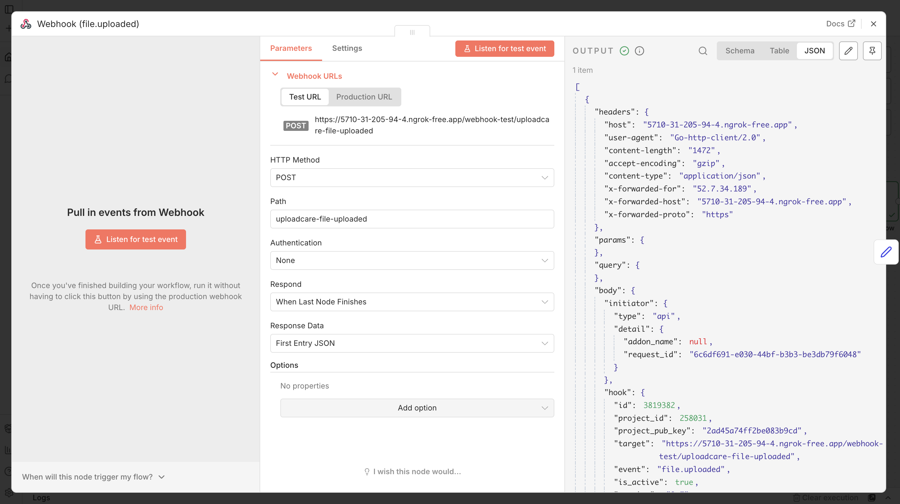 n8n Webhook node configured for the Uploadcare file.uploaded event