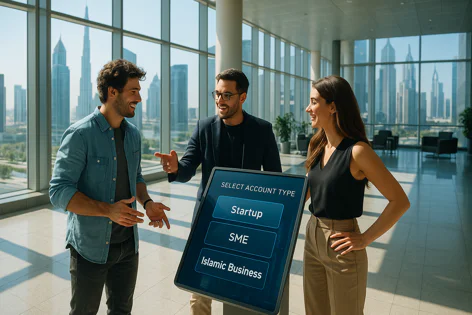 Three business people selecting an account type (Startup, SME, Islamic Business) on a digital screen in a modern office with a city skyline view.