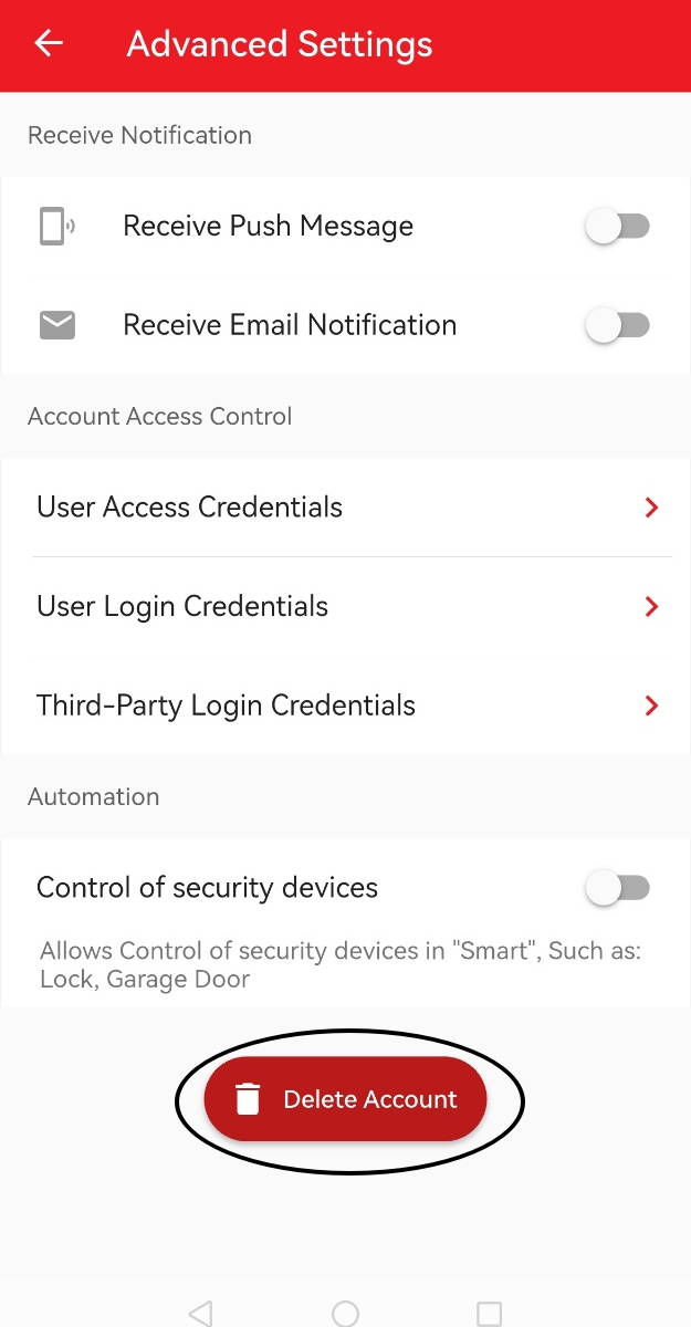 Advanced settings screen showing account options. Tap Delete Account to permanently remove your account and associated data.