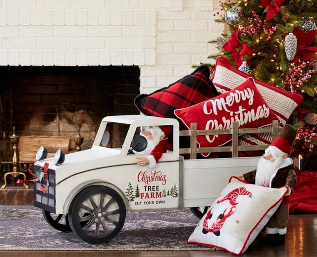 melrose vintage truck Christmas tree farm with holiday pillows