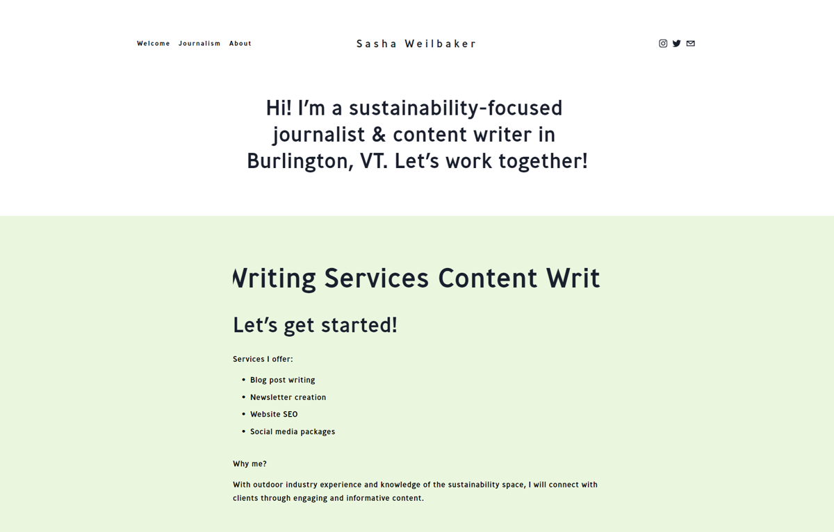 Screenshot of Sasha Weilbaker, from the copywriting portfolios collection.