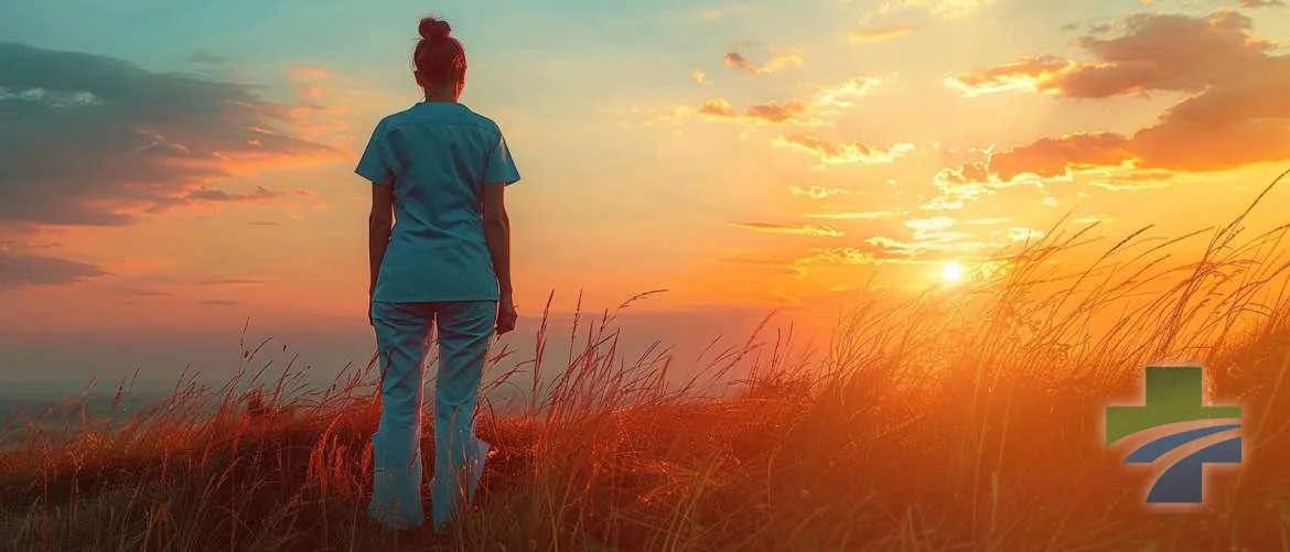 Travel nurse on a hill at sunset, symbolizing hope and the future of healthcare.