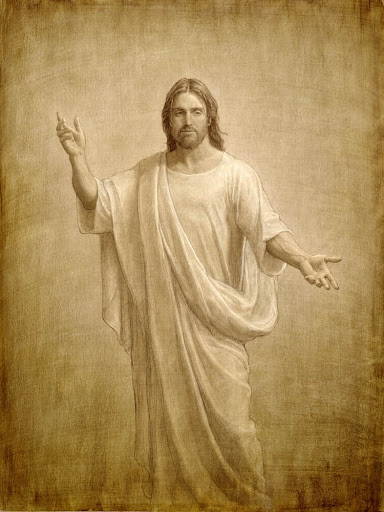Sepia sketch of Jesus directing on hand toward Heaven and the other toward the viewer.
