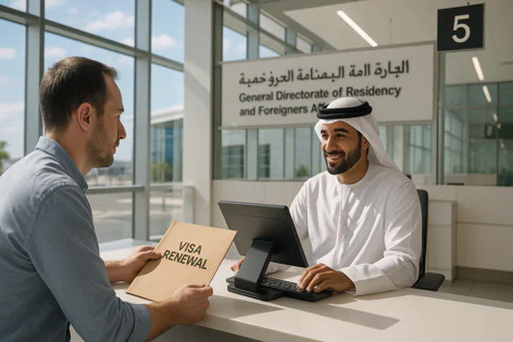 A customer presents a "Visa Renewal" folder to a smiling officer in traditional UAE attire at the General Directorate of Residency counter.