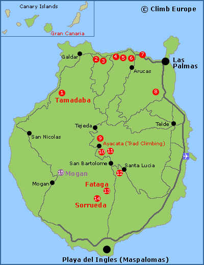 Map of the sport climbing areas in Gran Canaria