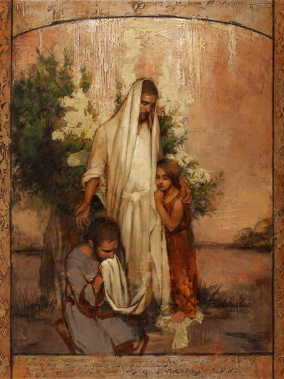 A man is kissing the hem of Jesus robes while a young girl leans on Christ for comfort.