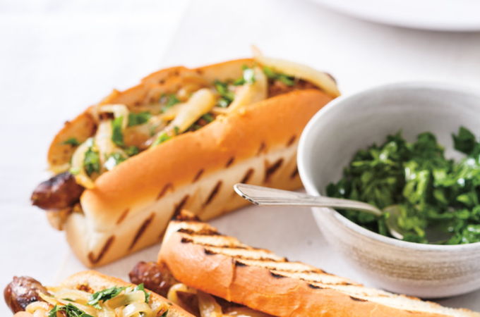 Merguez Hot Dogs with Caramelized Onions