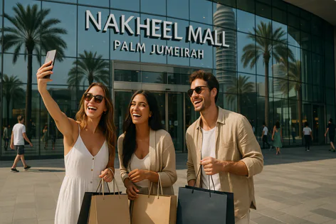 Three smiling people, two women and one man, are taking a selfie outside Nakheel Mall on Palm Jumeirah, Dubai, holding shopping bags. They appear happy after shopping at the mall.