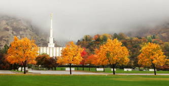 Provo Temple surrounded by fog and autumn trees.