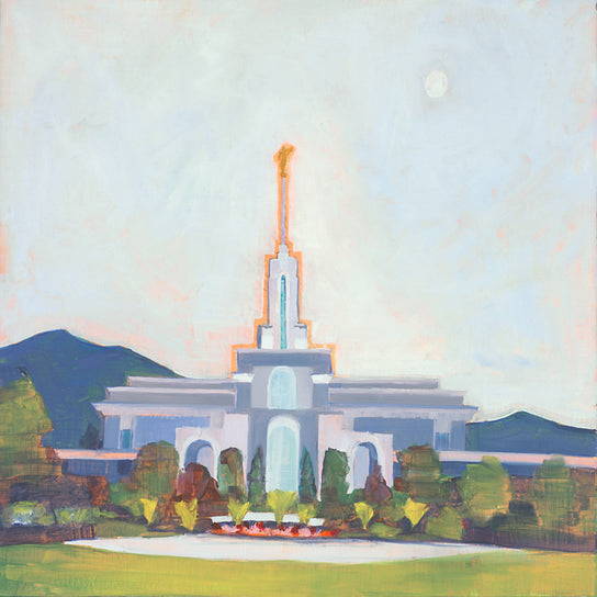 Impressionist style painting of Mount Timpanogos Temple outlined in a gold color.