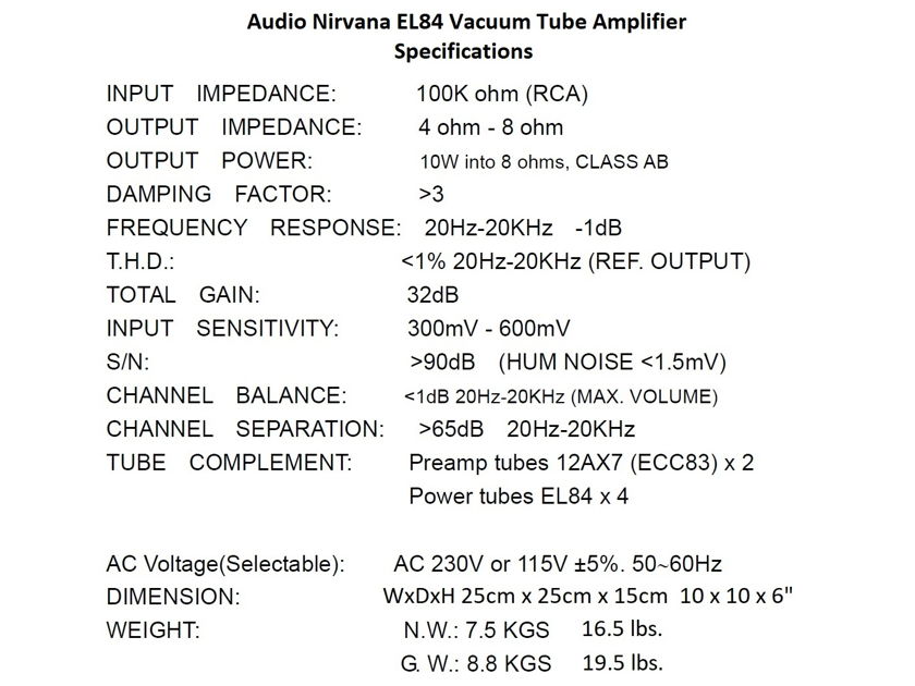 Audio Nirvana EL84 Ultralinear Class A/B Vacuum Tube Amplifier
