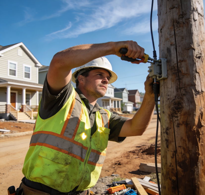 Medium shot of a utility worker in safety vest and hard hat installing new electrical infrastructure on a wooden pole in a developing neighborhood. New homes with fresh siding visible in the background. Clear blue sky with wispy clouds, natural midday lighting, 85mm lens, candid action photography style.