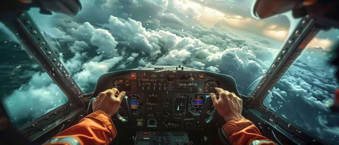 Steady hands navigate through stormy skies, showcasing skill and determination.