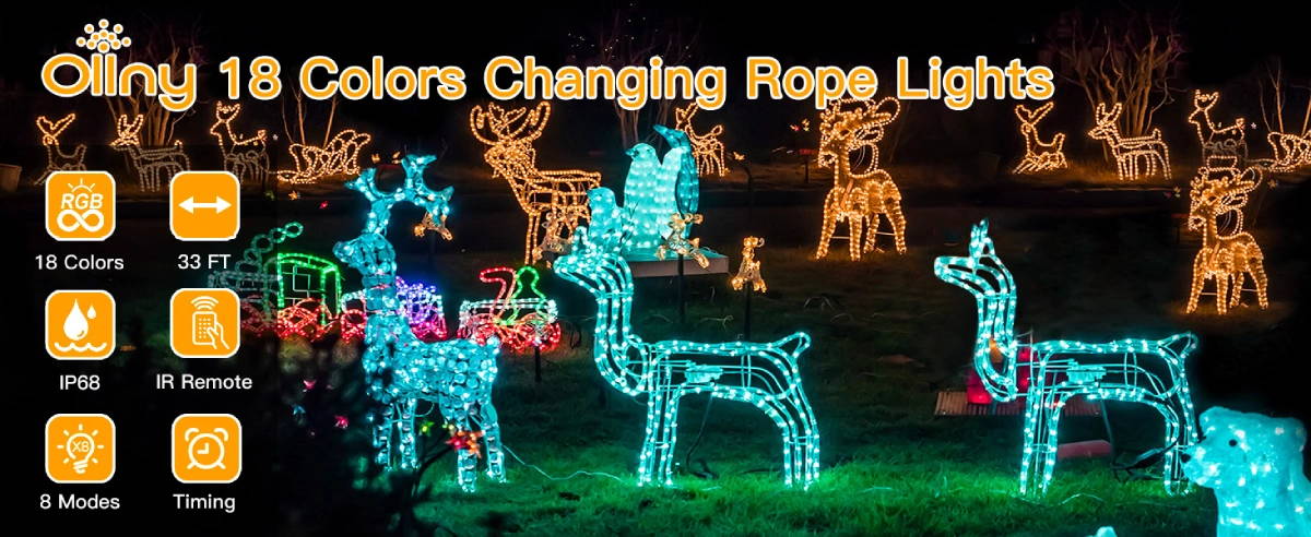 Features of Ollny's 100 leds 33ft color changing rope light