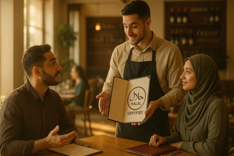 Restaurant waiter shows a Halal certified sign to a man and woman wearing a hijab seated at a table.