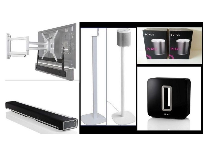 SONOS PACKAGE  SUBWOOFER+ 1 PLAYBAR + PLAYBAR FRAME+ 2 PCS.PLAY 1 WHITE+2 PCS.FLOOR STAND