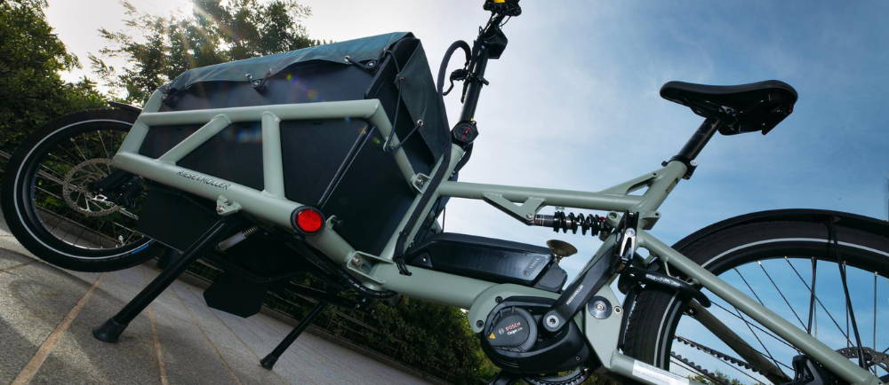 Riese and Muller electric cargo bike on sidewalk