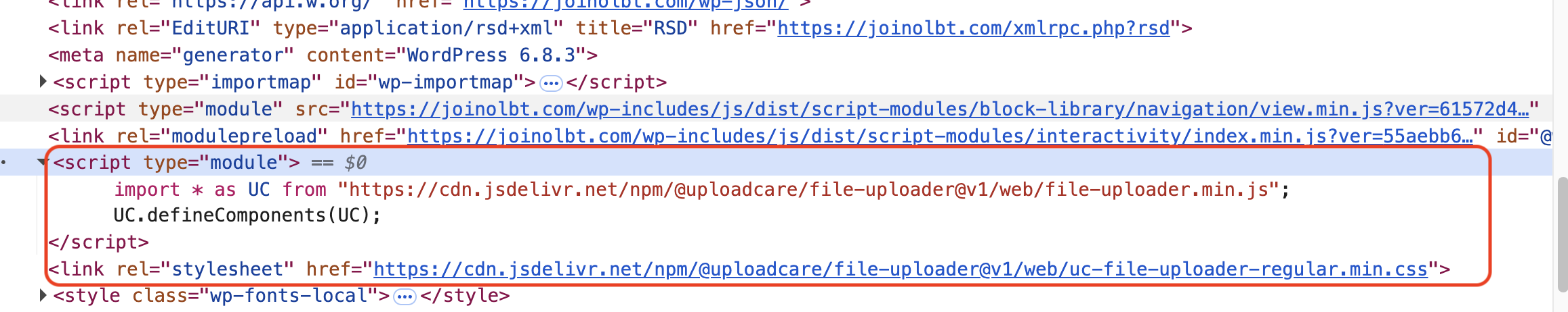 Uploadcare File Uploader library in WP head tag