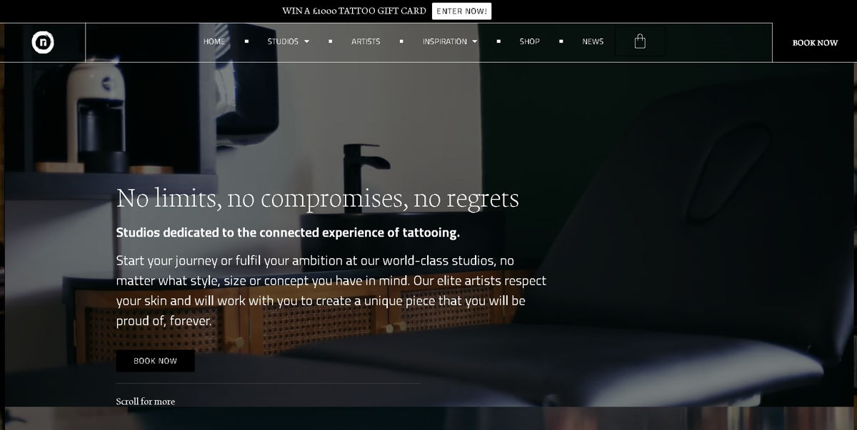 Screenshot of No Regrets Studios, from the tattoo websites collection.