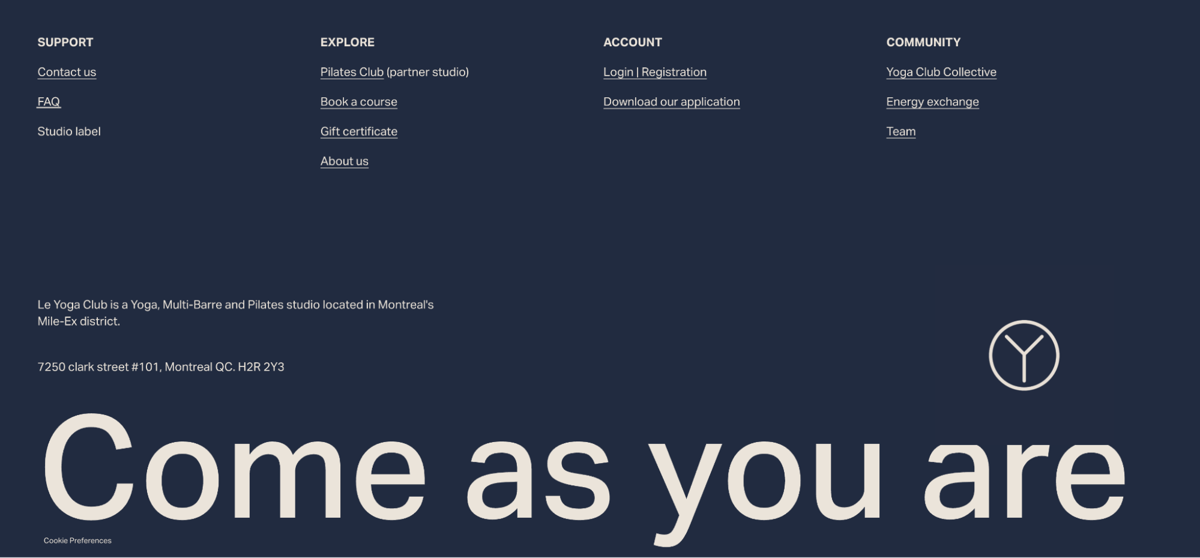 Screenshot of YOGA CLUB, from the website footer designs collection.