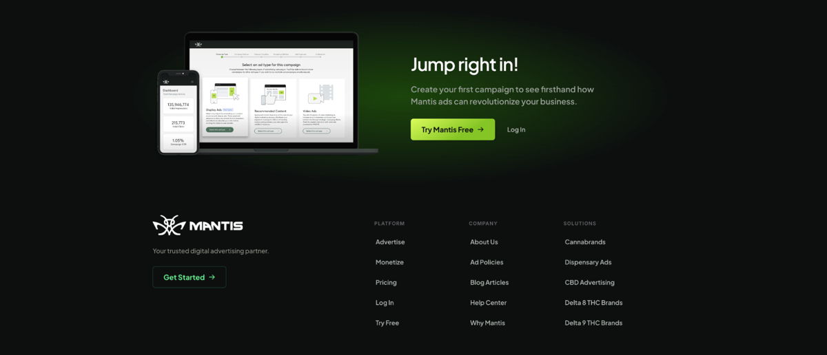 Screenshot of Mantis Ad Network, from the website footer designs collection.