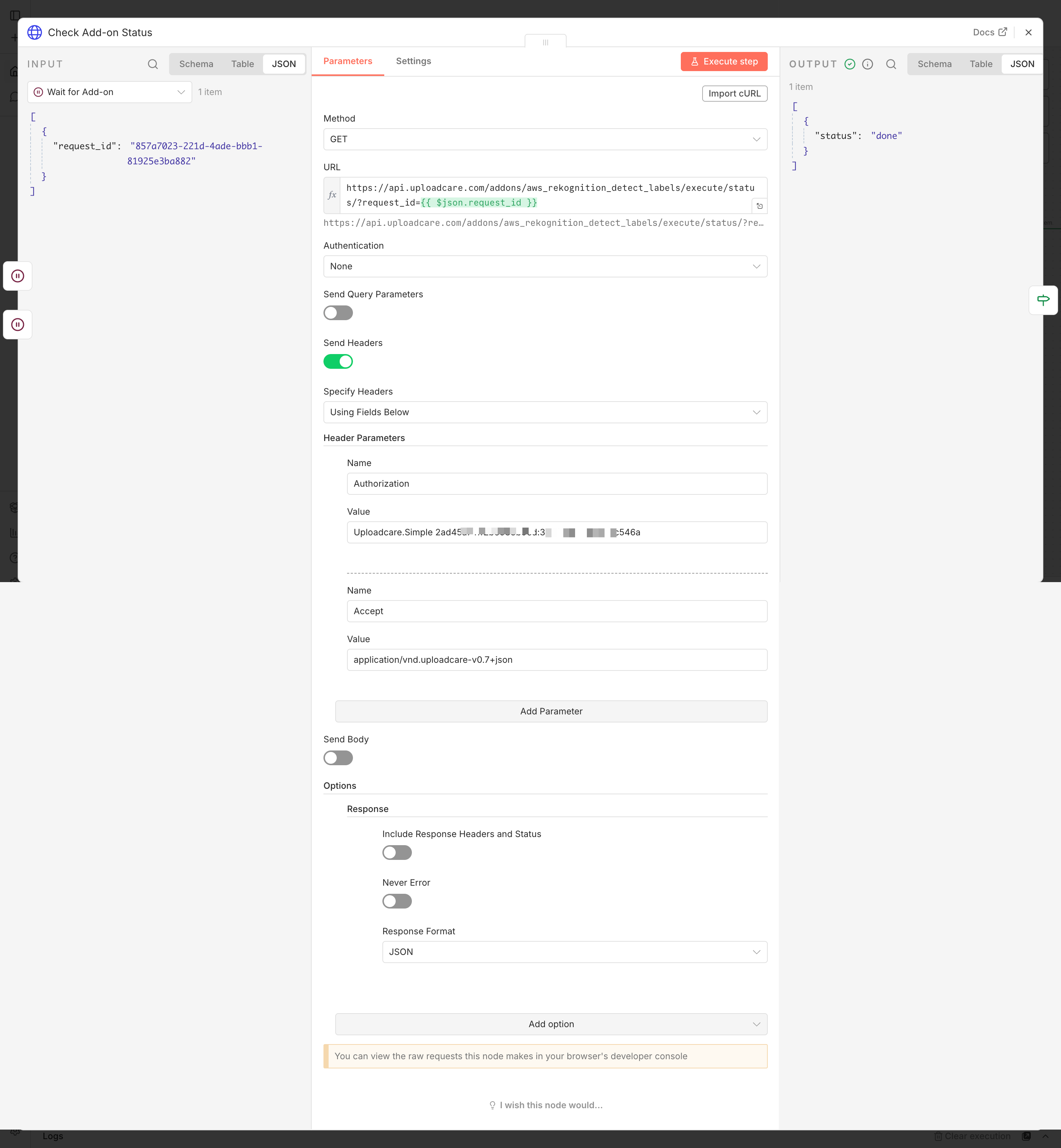 n8n HTTP Request node polling the Object Recognition status endpoint