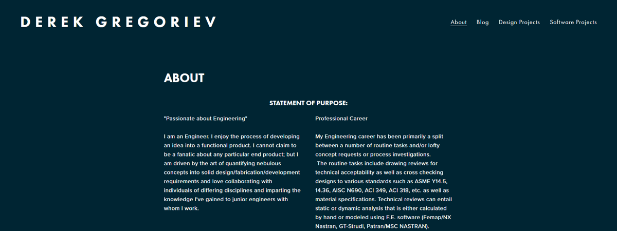 Screenshot of Derek Gregoriev, from the engineer portfolios collection.