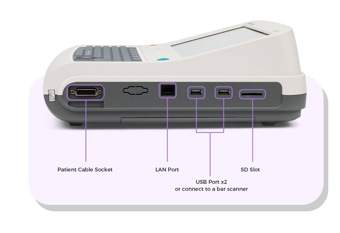 Biocare iE12A ECG 장치는 환자 케이블 포트, SD 카드, USB 및 네트워크(LAN) 포트 등 외부 네트워크용 포트 XNUMX개를 제공합니다.
