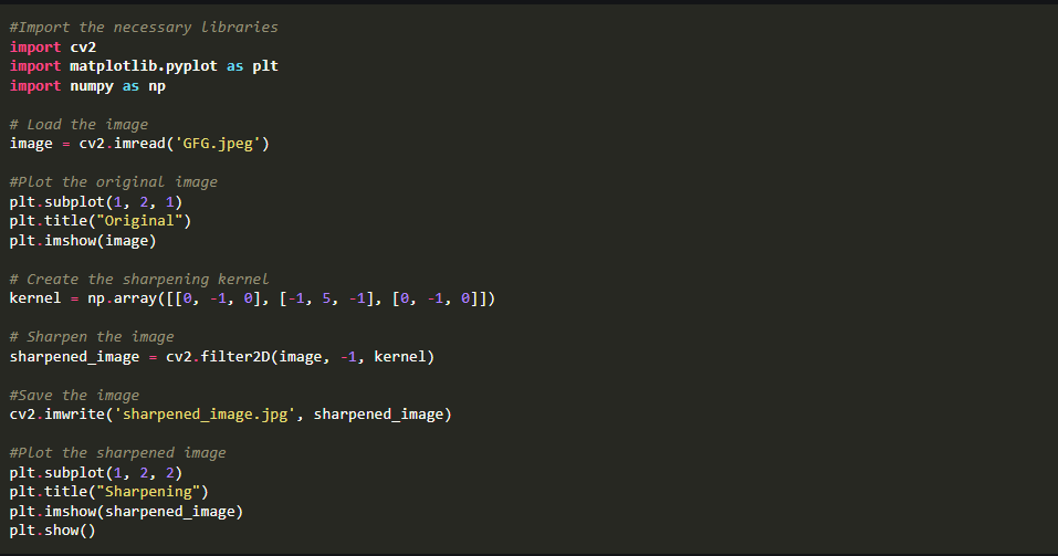 An example of Python code that sharpens an image using OpenCV