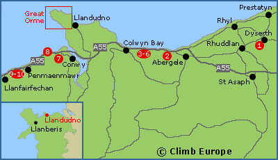 Main sport climbing crags along the A55 Highway