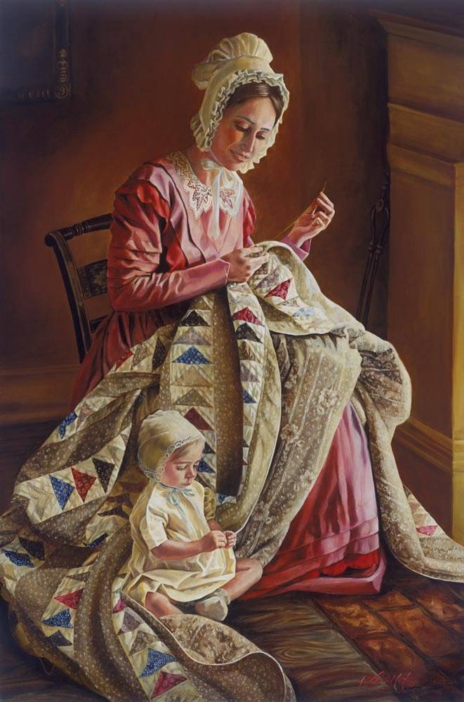 Pioneer woman sewing a quilt with a young girl sitting nearby on the floor. 
