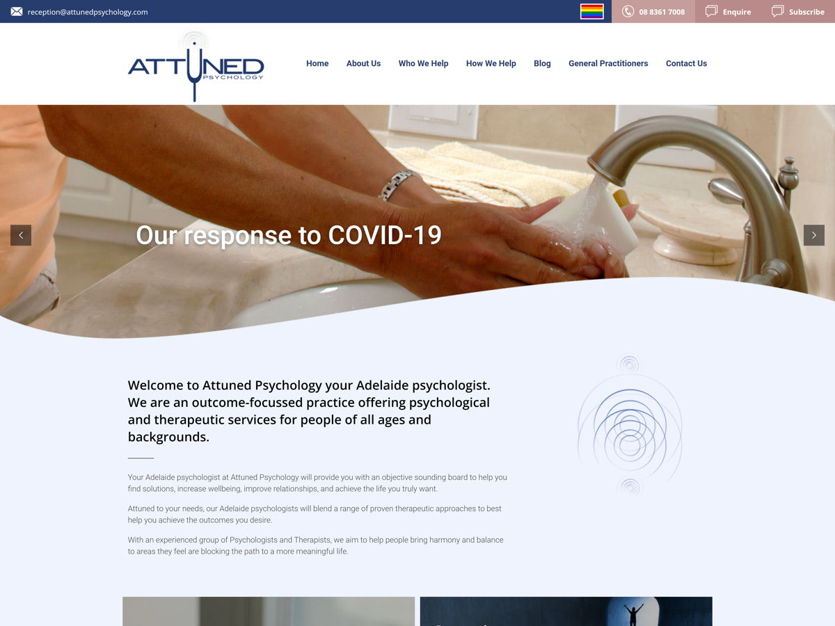 Screenshot of Attuned Psychology, from the therapist websites collection.