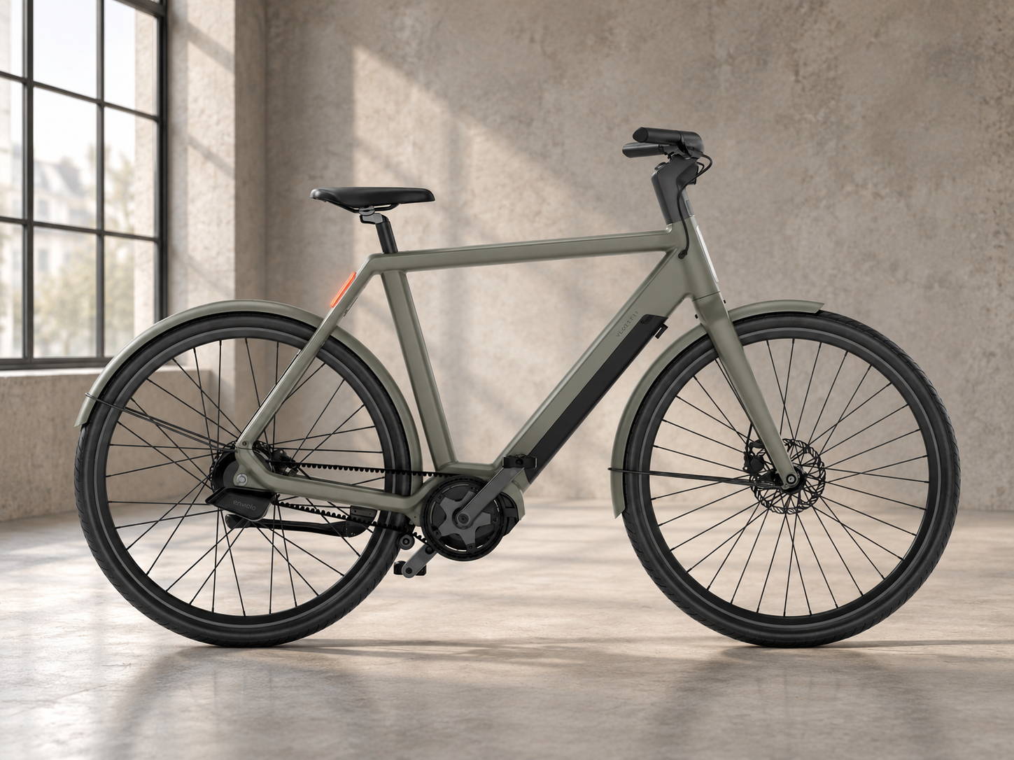 Vélo électrique de ville Veloretti avec batterie intégrée, moteur central et entraînement par courroie