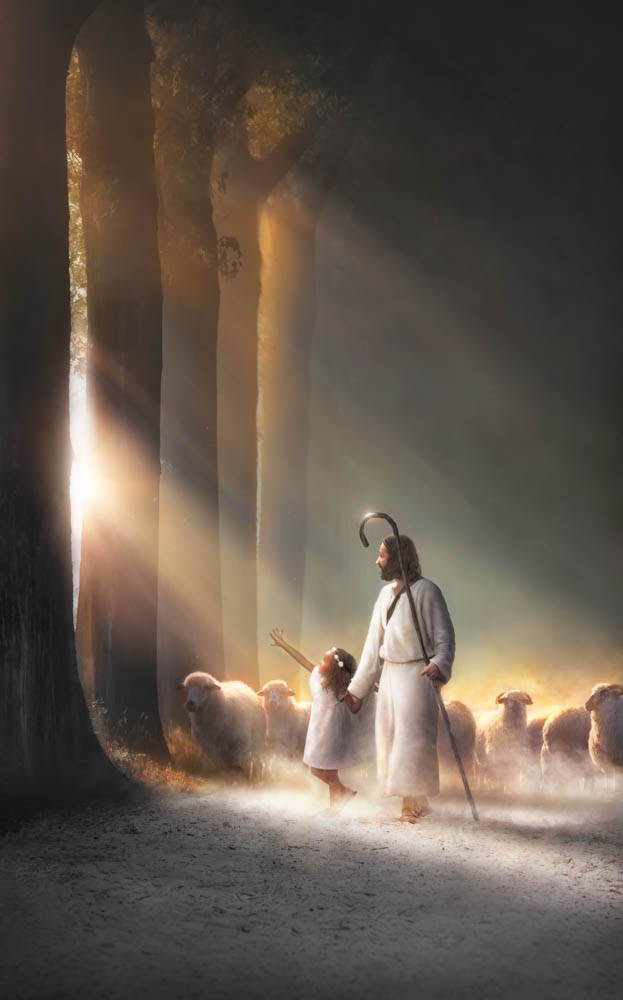 Jesus walking with a little girl through a forest as they lead a flock of sheep. Sunlight reaches through a wall of tree trunks.