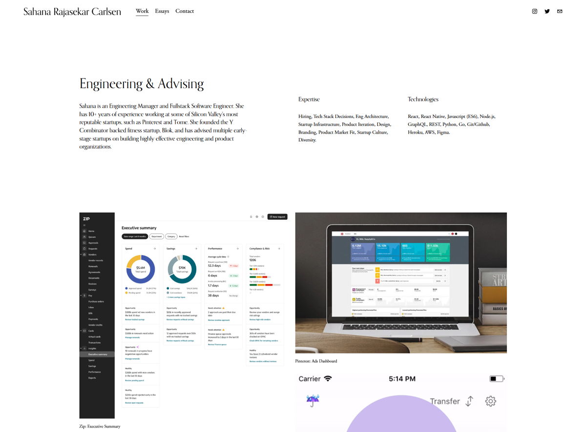 Screenshot of Sahana Rajasekar Carlsen, from the software engineer portfolios collection.