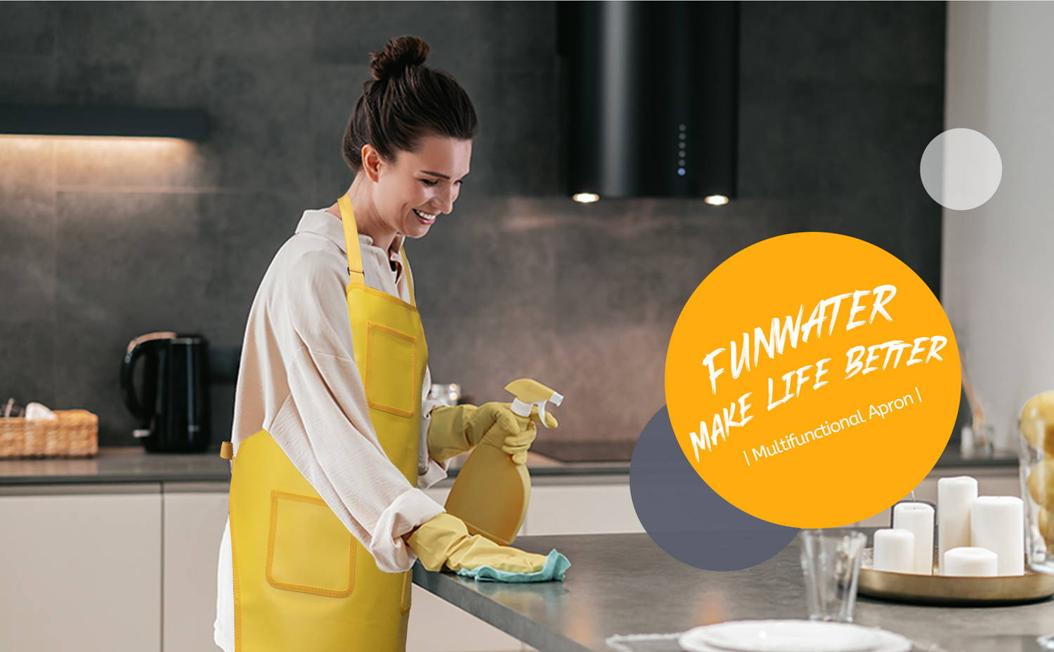 A woman is happily wiping the table in the kitchen wearing a Funwater women's yellow apron.