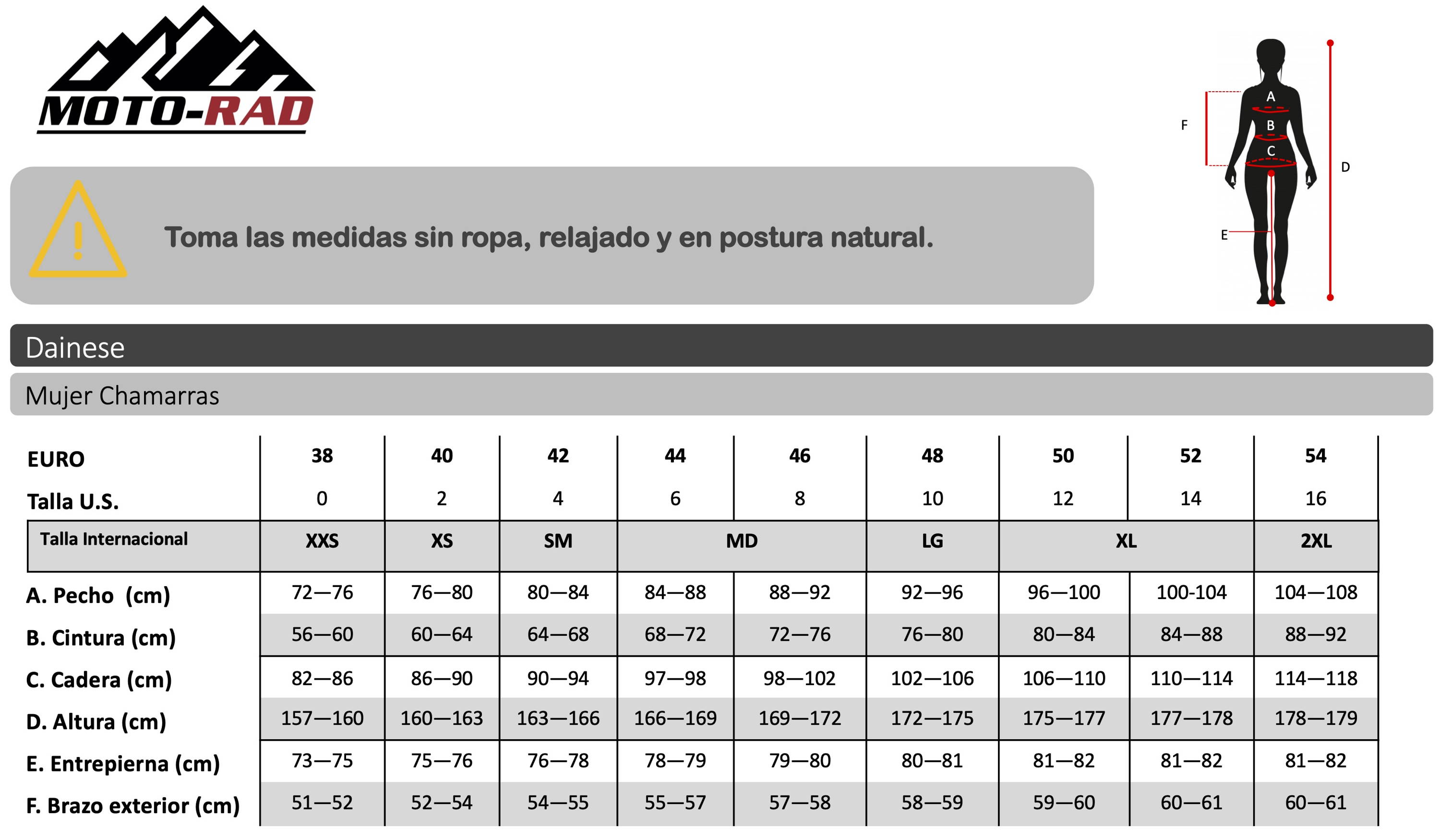 Guia de Tallas Chamarra Mujer Dainese