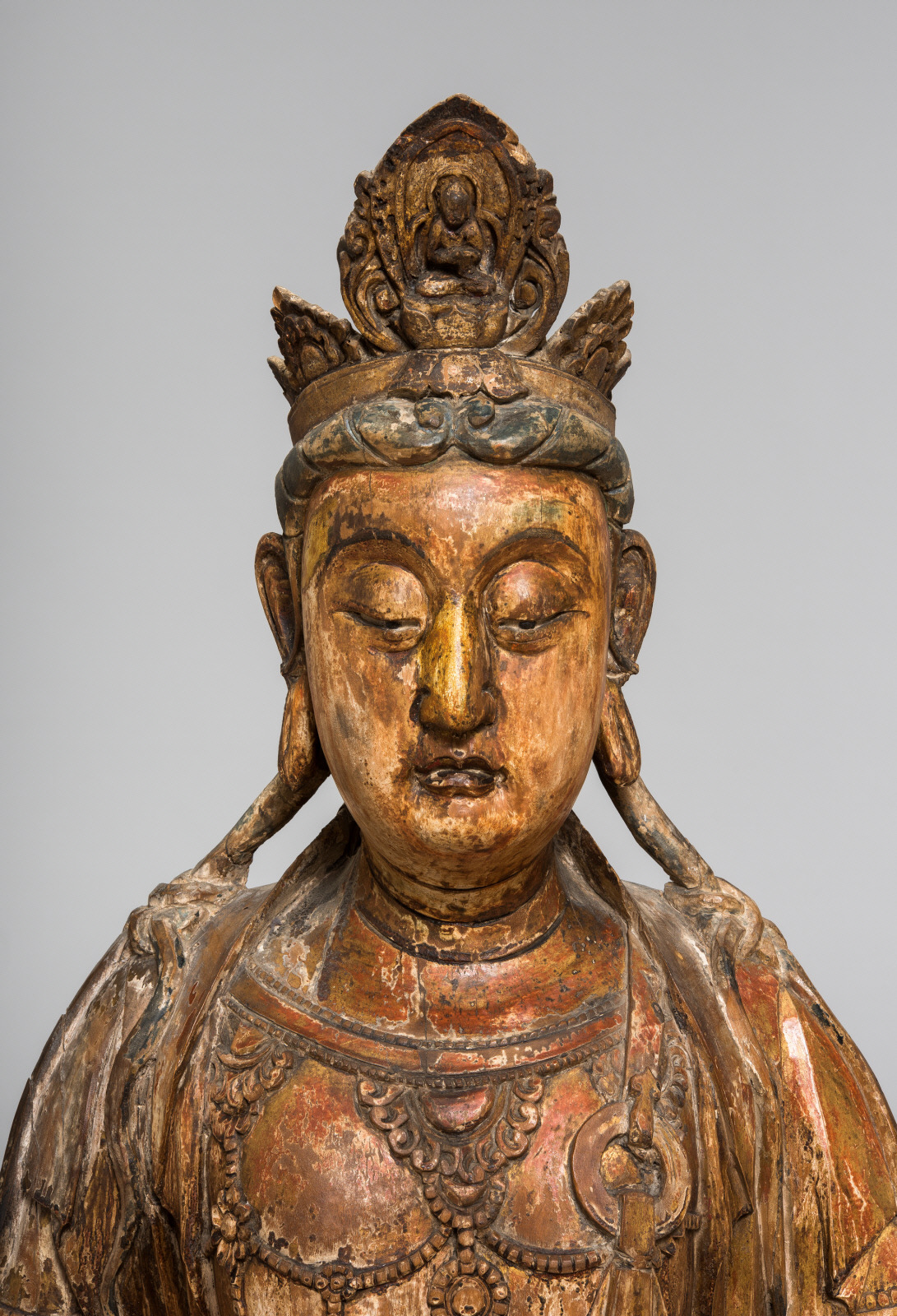 Image Title:   Guanyin Bodhisattva (detail)  Chinese, Song-Yuan Dynasty, mid-13th century  Wood with traces of pigment and gilt  h. 50 in. (127 cm); w. 29 in. (73.7 cm); d. 16 in. (40.6 cm