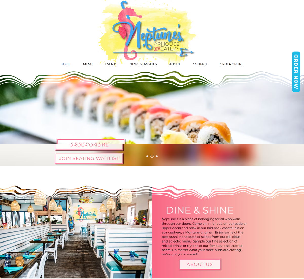 Screenshot of Neptune's Taphouse and Eatery, from the wix restaurant website examples collection.