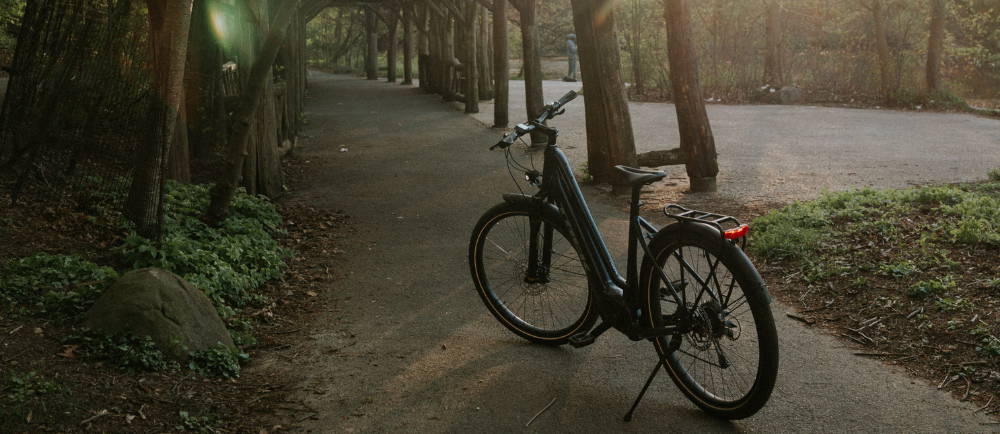 An electric step through bike on a cycling path