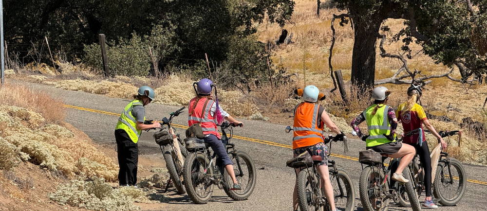 three riders on on aventon aventure electric bikes in sierra foothills while on a tour with yosemite e-biking (yosemiteebiking.com)