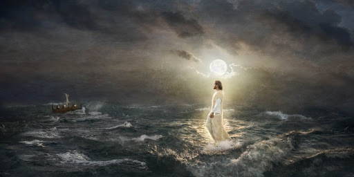 Painting of Jesus walking on water beneath the bright light of the moon. 