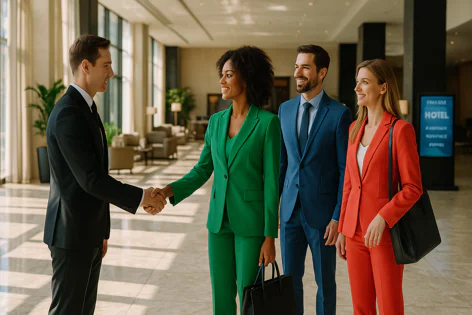 Four diverse professionals in a modern hotel lobby, with two men shaking hands while two women stand by, all smiling, symbolizing agreement or partnership.