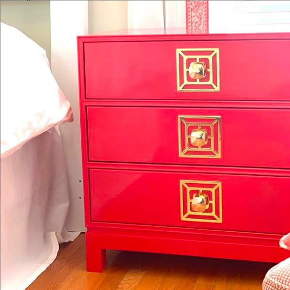 Pink Lacquer Dresser with Benson Backplate and Knob in Solid Brass