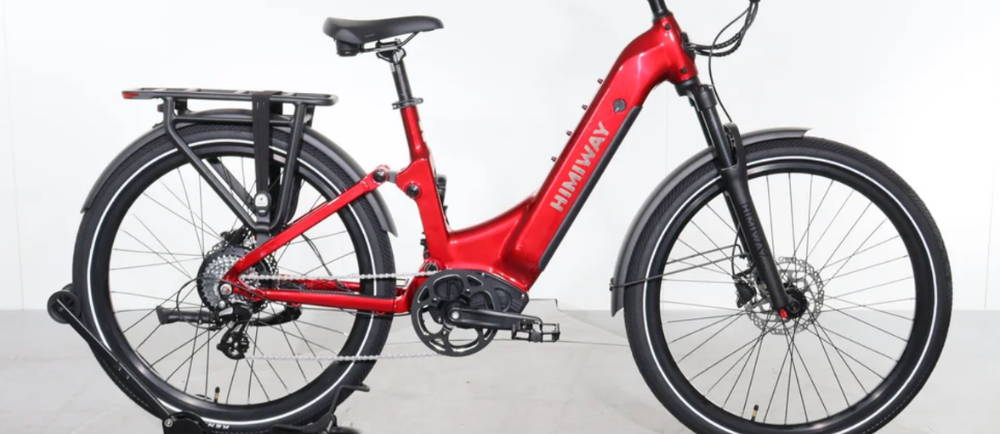 a red Himiway A7 full suspension electric city bike