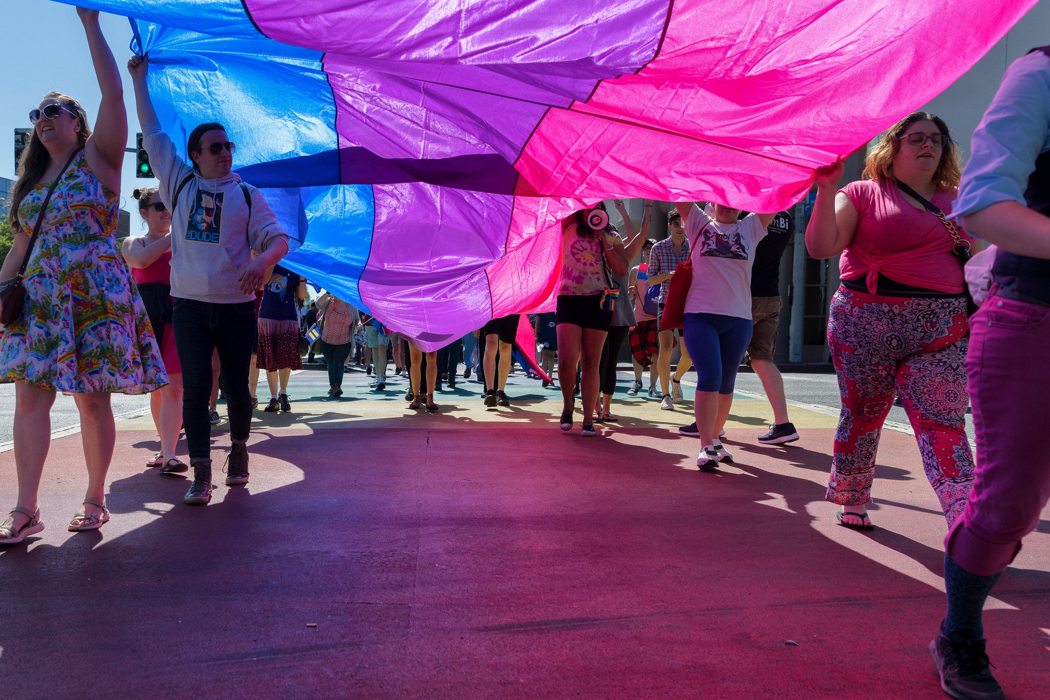 The purple bi flag being carried by several people during a pride march. .