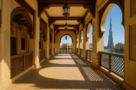 Arabian balcony with arches, screens, and lanterns overlooks Dubai's Burj Khalifa and lake, sunlight casting lattice shadows on the floor.