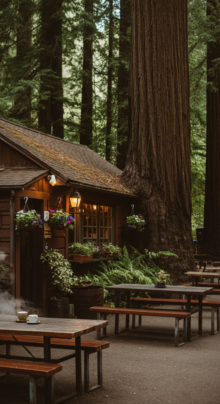 A photographic style image of A cozy local café with a rustic wooden exterior and hanging flower baskets, featuring outdoor seating under towering redwoods. Steam rises from coffee cups on weathered wooden tables. high focus, sharp, lots of bright light, extra bright, highly detailed, high quality, dslr, film grain, fujifilm XT3, RAW photo, RAW candid cinema, color graded porta 400, depth of field, hyper realistic, natural-looking, expressive, textured skin, texture, 8k, photorealistic
