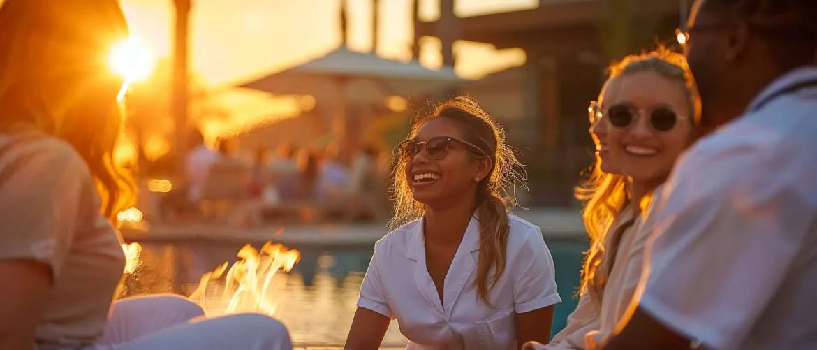 Nurses enjoying a communal outdoor space at sunset